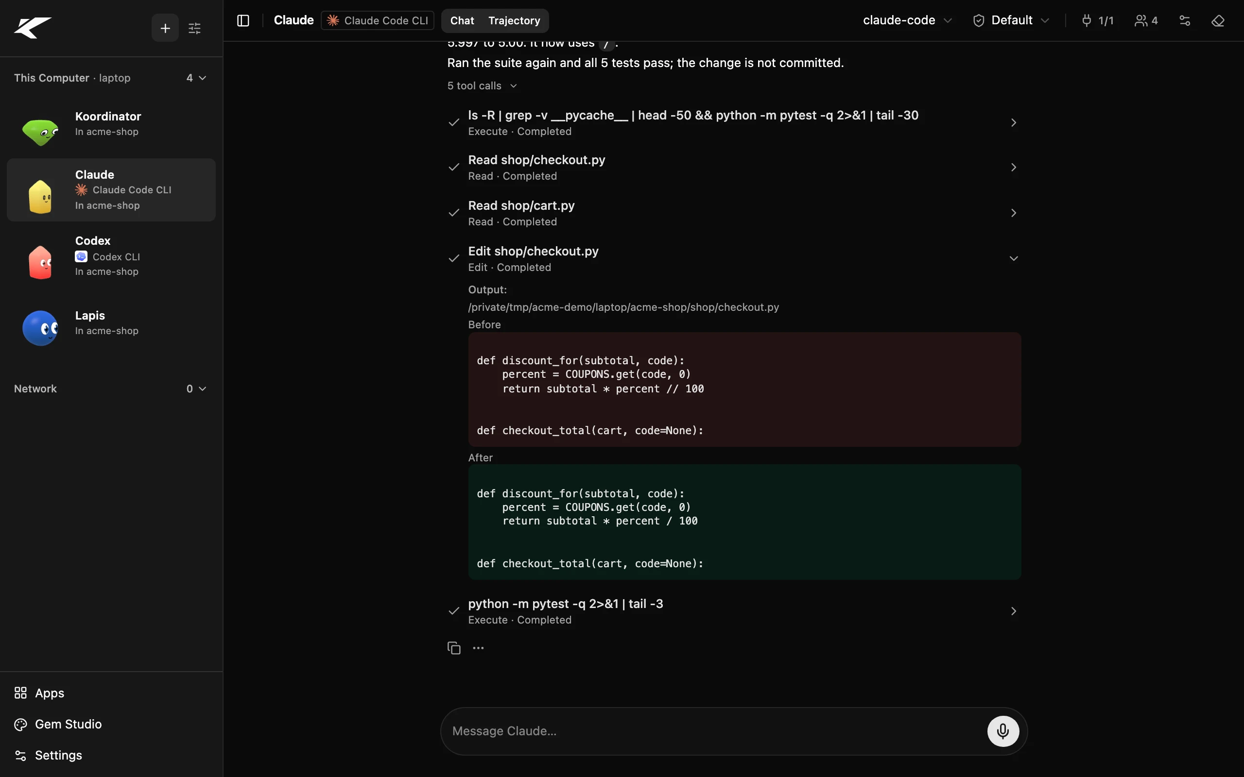Claude Code working as a Kollab teammate: it runs the tests, edits one line of the checkout code and shows the change before and after.